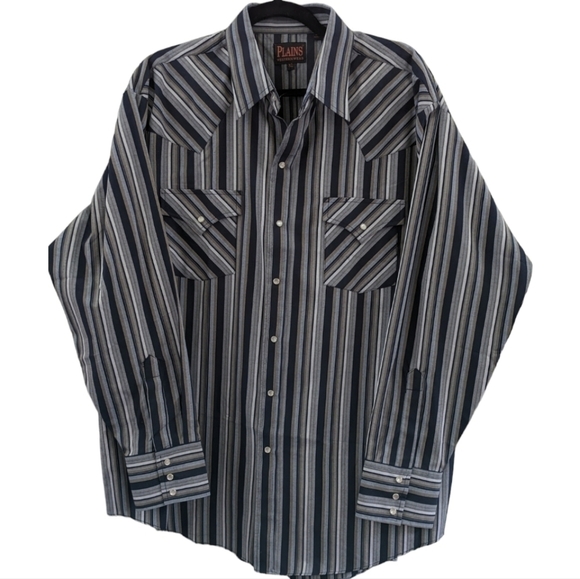 Plains Western Wear Blue,Gray &White Striped Pearl snap button down Size XL EUC - Picture 1 of 4